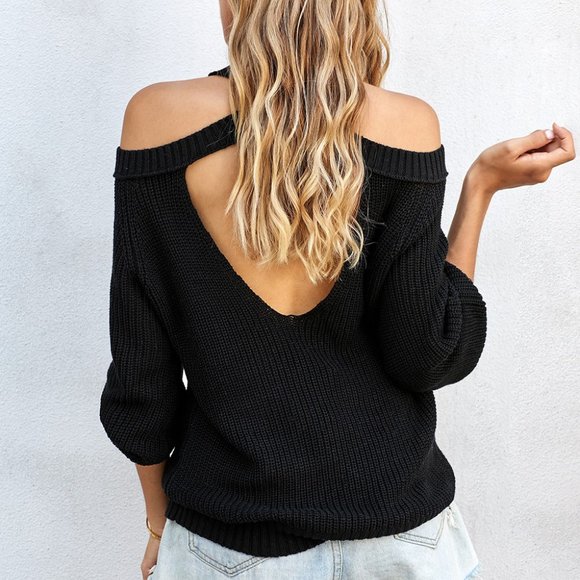 new Black Cold Shoulder Knit Pullover Sweater L - Picture 9 of 9